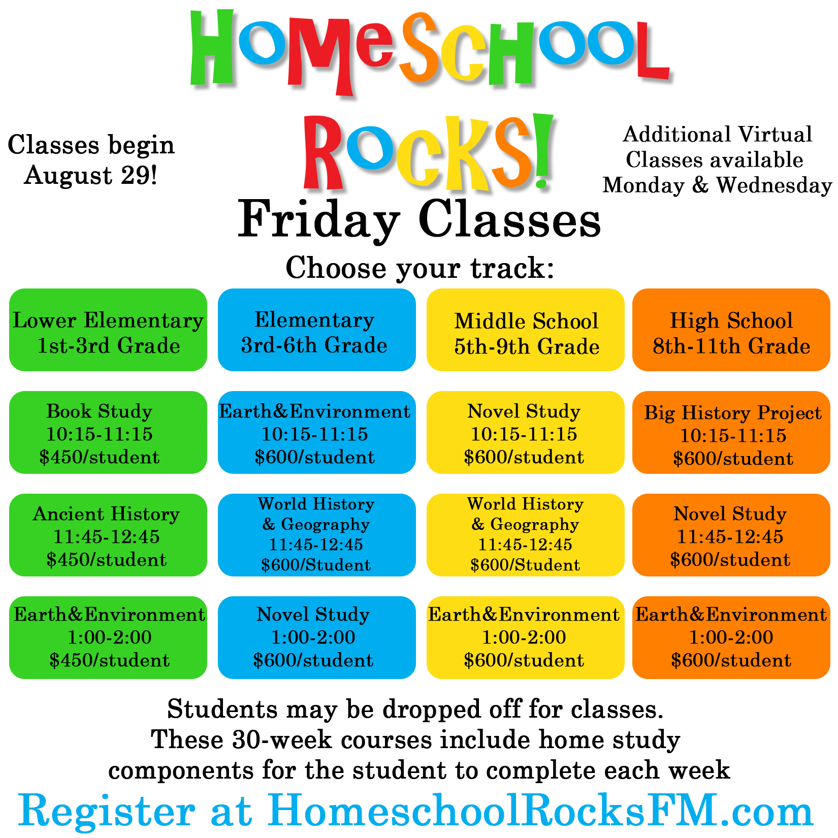 Friday classes include Novel Studies, Science and History