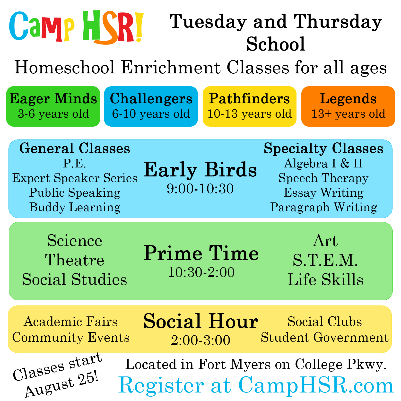 Friday classes include Novel Studies, Science and History